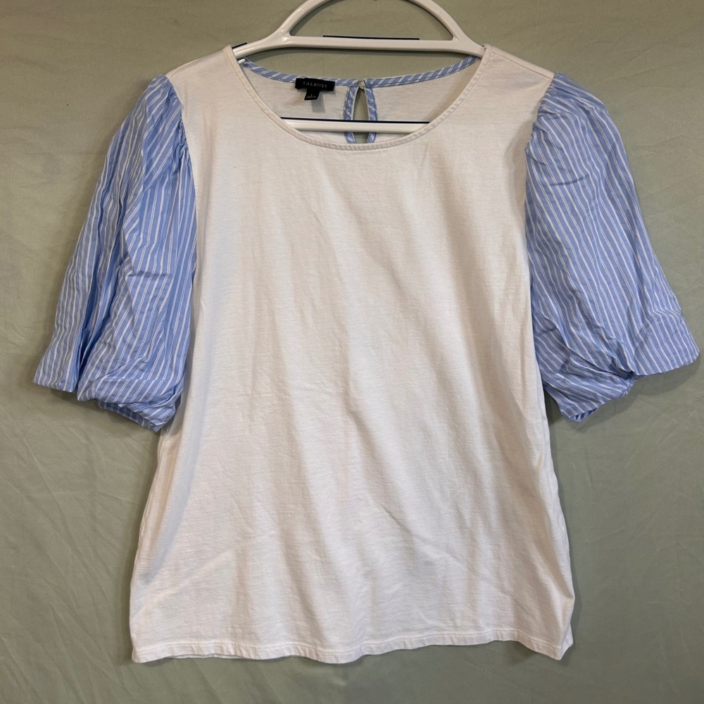 Talbots Womens Large Blue White Striped Puff Sleeve Cotton Top Blouse Coastal
